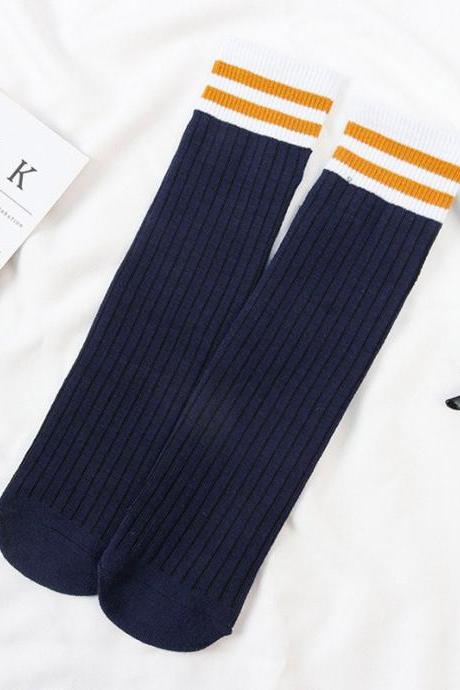Navy Blue Vintage Contrast Color Striped Socks Accessories