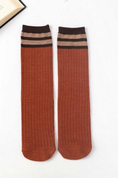 Brick Red Vintage Contrast Color Striped Socks Accessories