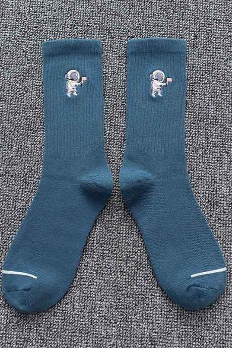 BLUE Embroidery Cartoon Astronaut Pattern Socks