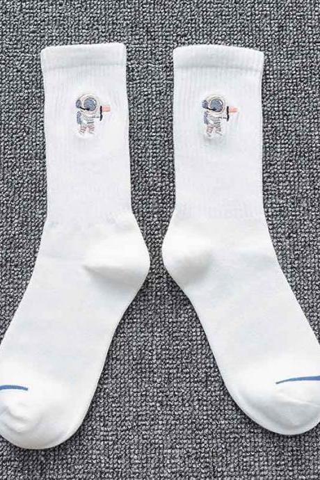 White Embroidery Cartoon Astronaut Pattern Socks