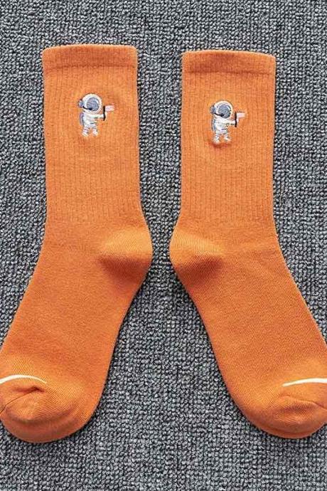 Orange Embroidery Cartoon Astronaut Pattern Socks