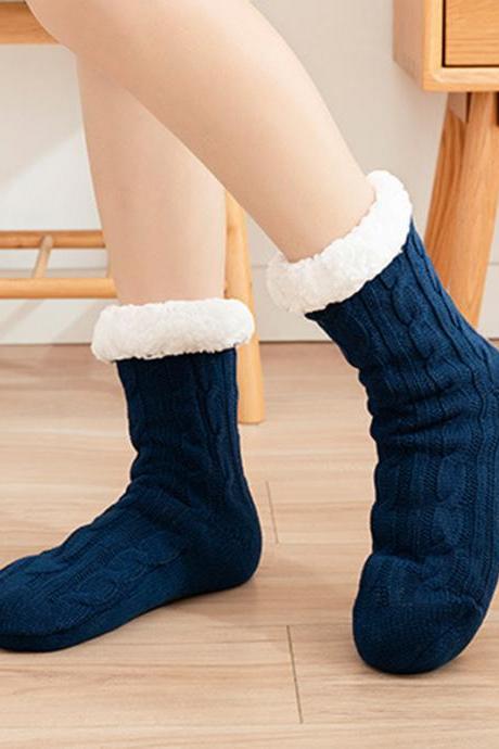 Deep Blue Casual Knitting Velvet Keep Warm Floor Socks