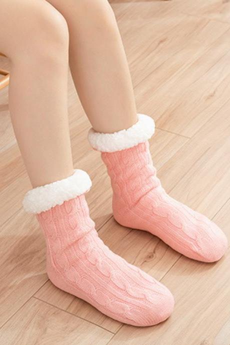 Pink Casual Knitting Velvet Keep Warm Floor Socks