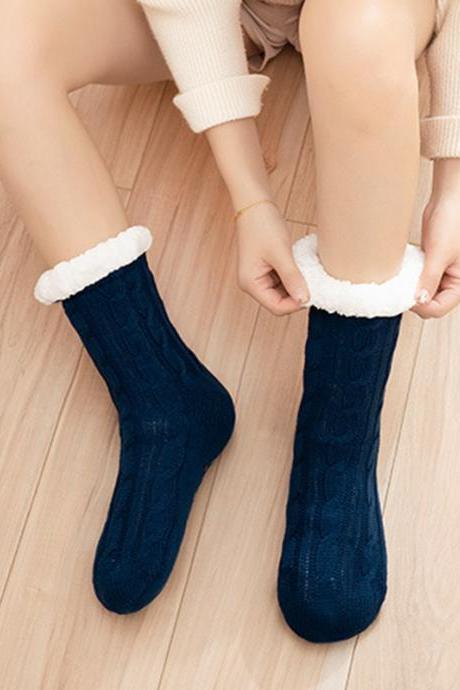 Navy Blue Casual Knitting Velvet Keep Warm Floor Socks