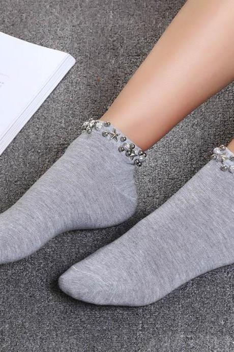 Gray Casual Solid Rivet Ankle Sock