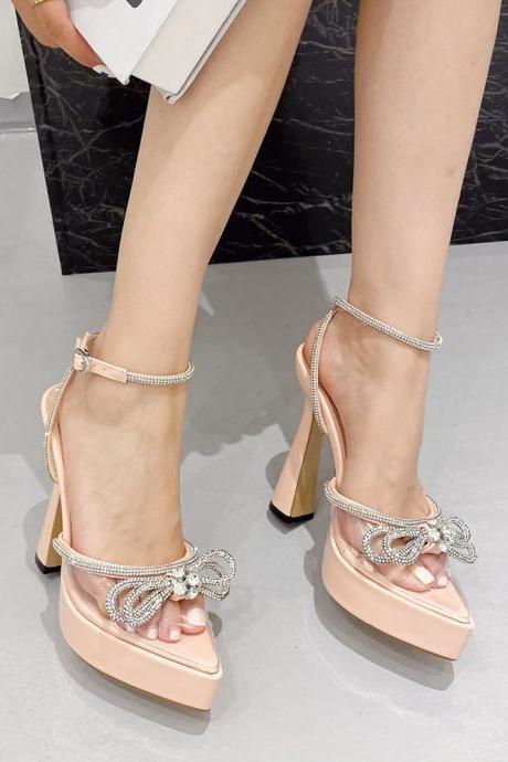 Pointed Bow Hollow Ladies Heels Sandals-apricot