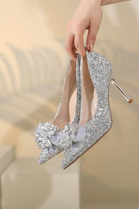 Fashion Rhinestone Flower High-heeled Sequin Party Shoes-silvery