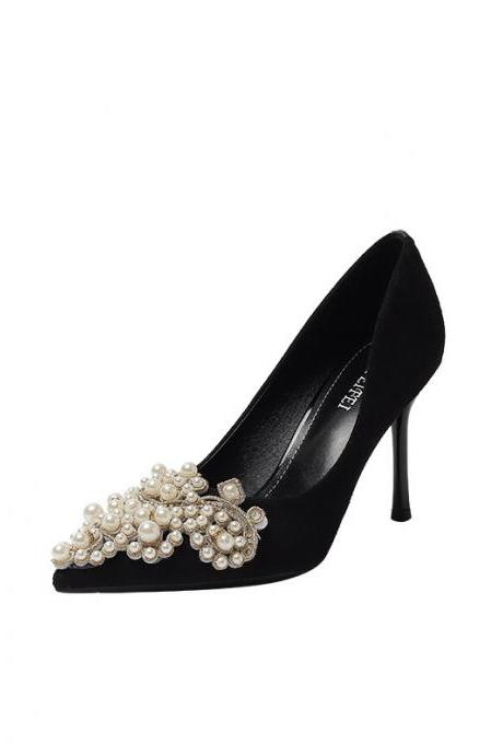Black Fashion Ultra-high Thin Heel Pearl Buckle Party Shoes
