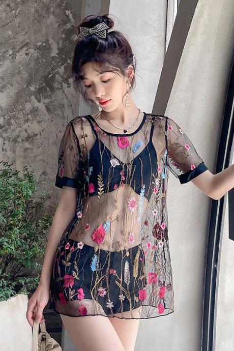 Pure Color Perspective Embroidery Loose Short Dress