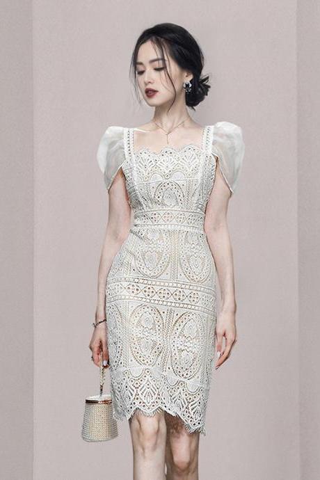 Summer New Style Celebrity Temperament Square Neck Bubble Sleeve High Waist Slim Lace Buttock Dress