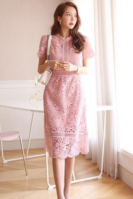 Lace Round and Neckline Waist Cinching Hollow Out Midi Dress