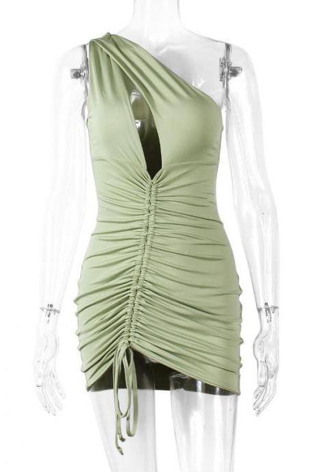 Summer One-shoulder Drawstring Asymmetric Fashionable Slim Dress