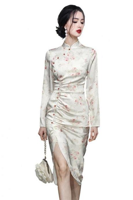 Chinese Inspired Stand Collar Qipao Style Printed Dress