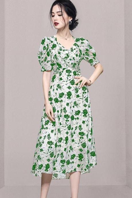 Summer Fashionable Slim Fit Printed Bubble Sleeve Dress