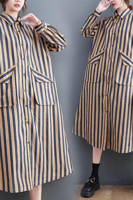 Original Loose Long Sleeves Buttoned Striped Lapel Collar Midi Shirt Dresses