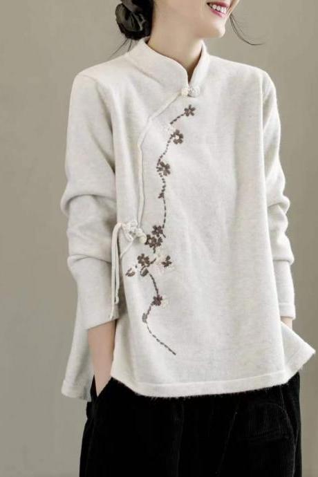 Vintage Loose Long Sleeves Asymmetric Embroidered Stand Collar Pullovers
