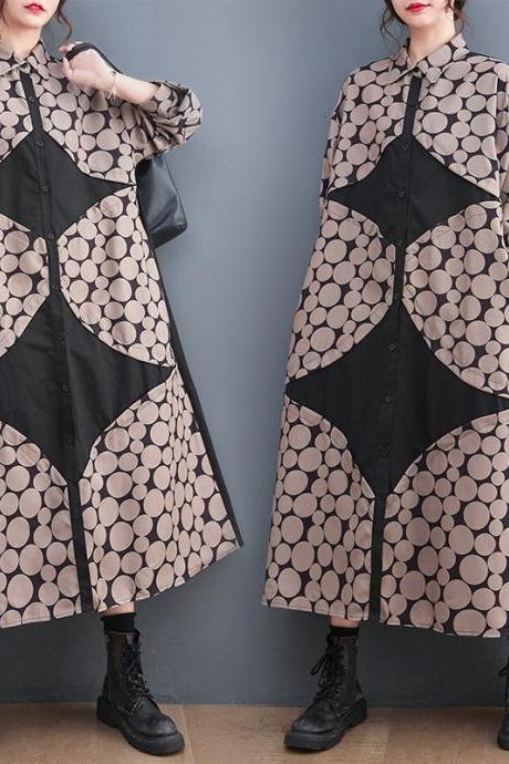 Original Creation Loose Long Sleeves Buttoned Contrast Color Polka-Dot Lapel Collar Midi Dresses