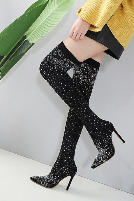 Sexy Water Diamond Stiletto Stretch Over-the-knee Boots