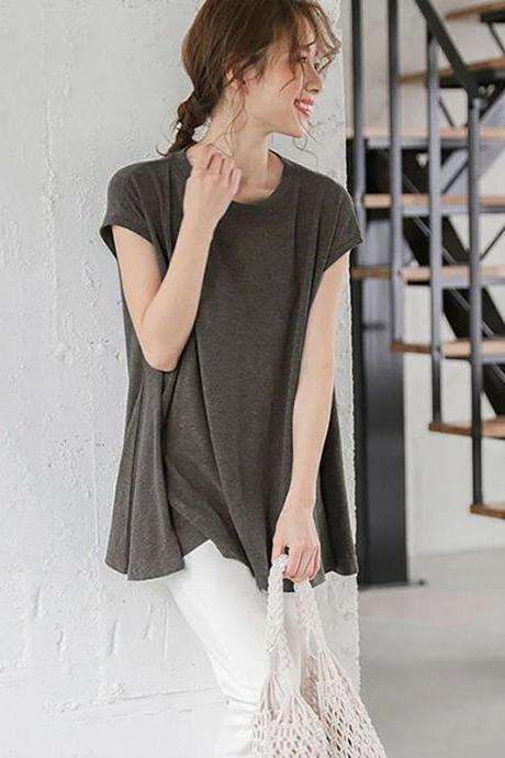 Casual Simple Loose Solid Color Pleated Round-neck Short Sleeves T-shirt Tops