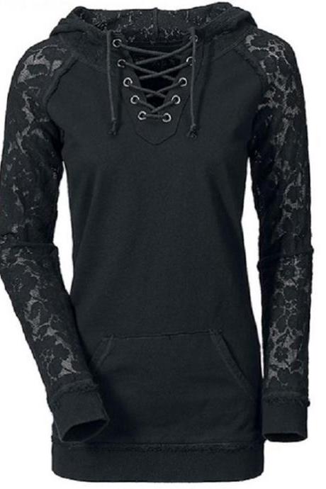 Lace Splicing Lace-up Women Hoodie