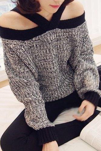 Stylish V-Neck Long Sleeve Hollow Out Spliced Sweater For Women