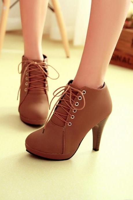 Round Toe Lace Up Ankle Stiletto High Heel Boots