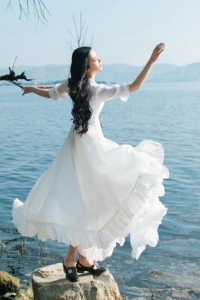 Princess A-line Bowknot Half Sleeves Ruffles Long White Dress