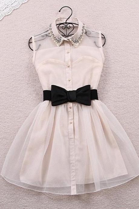 Fashion Beadings A-line Short Bowknot Belt Dress