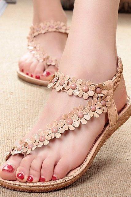 Women Bohemia Flower Beads Flip-flop Shoes Flat Sandals