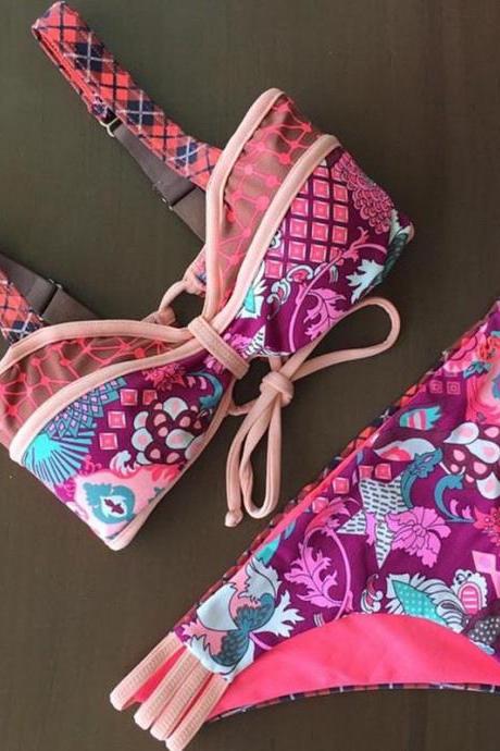 Bowknot Flower Print Spaghetti Strap Cut Out Bikini Set Swimwear