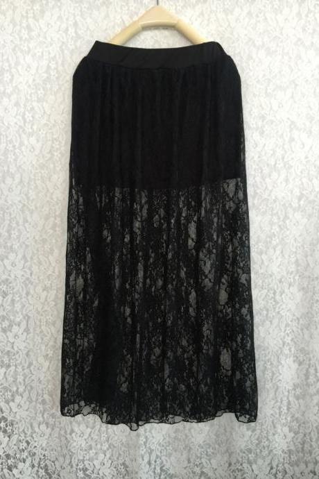 Lace Two Pieces Hollow Out Elastic Long Skirt