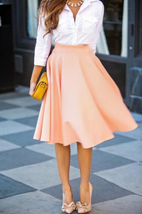 OL Pleated Pure Color Flared A-line Knee-legth Skirt