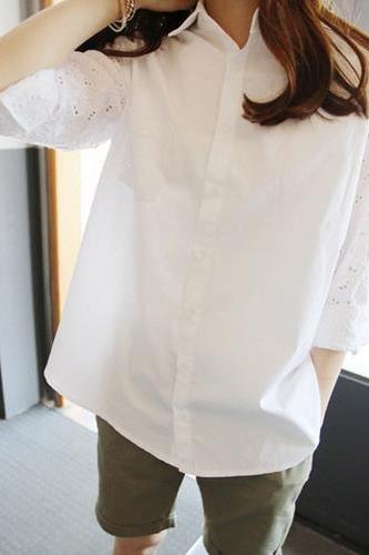 Turn-down Collar Lace Hollow Out Long Sleeves Casual Blouse