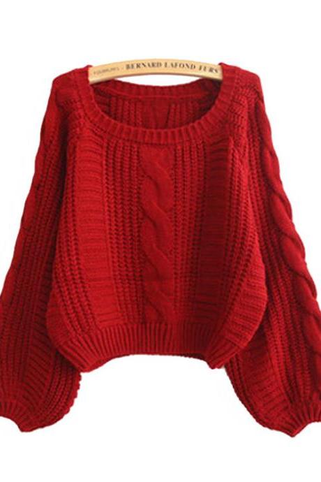 Cable Sleeve Coarse Yam Pure Color Pullover Sweater