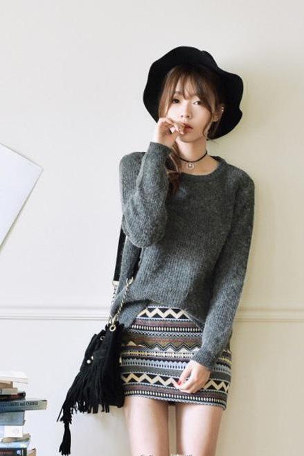 Pure Color Pullover Knit Scoop Color Mixing Sweater