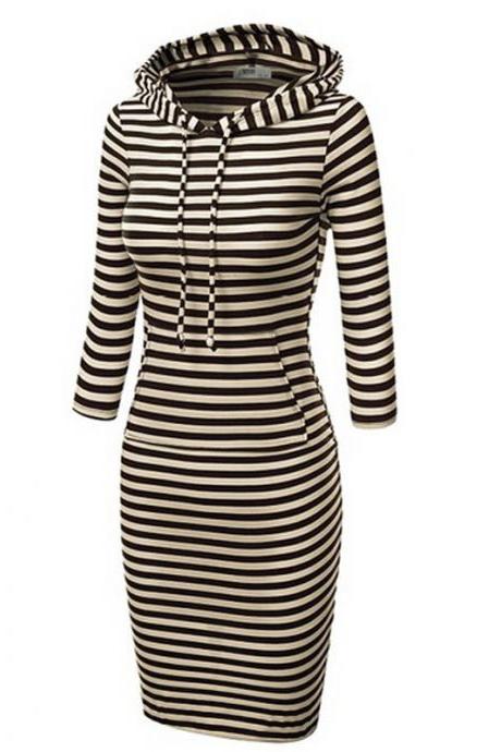 Hooded Mid-calf Striped Slim Fashion Sweat Dress
