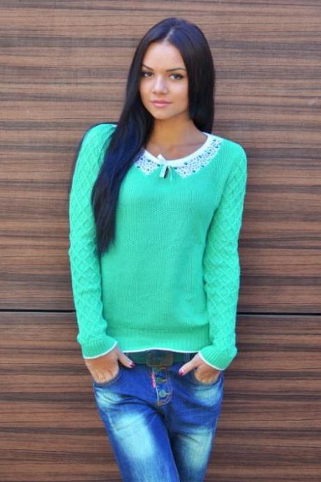 Lace Scoop Pure Color Pullover Slim Sweater