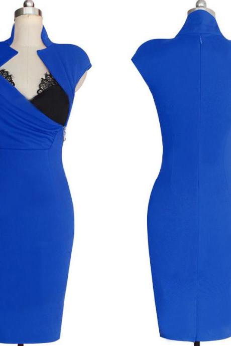 Polyester Splicing V-neck Sleeveless Knee-Length Dress
