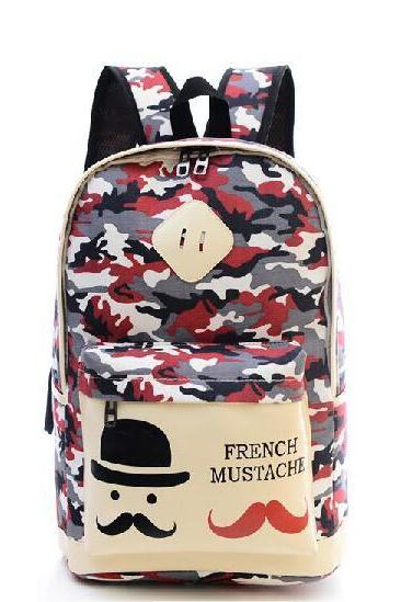 Fashion Canvas Camouflage Mustache Cartoon School Backpack Bag