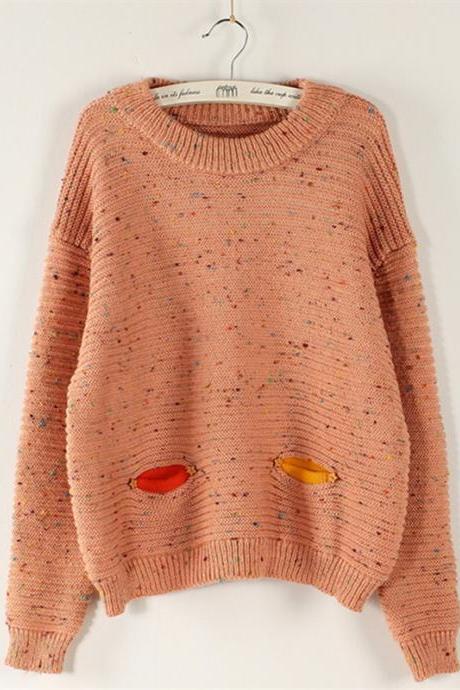 Solid Decoration Splicing Color Yarn Scoop Sweater