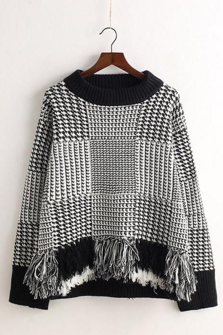 Flaid Tassels Pullover Knit Scoop Sweater