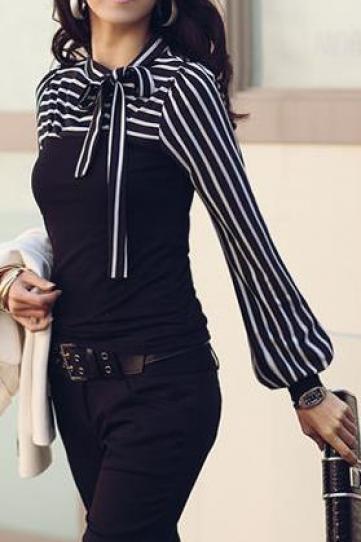 Plus Size High Neck Long Sleeves Striped Patchwork Slim Blouse