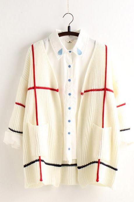 Plaid Knit Cardigan V-neck Fashion Sweater