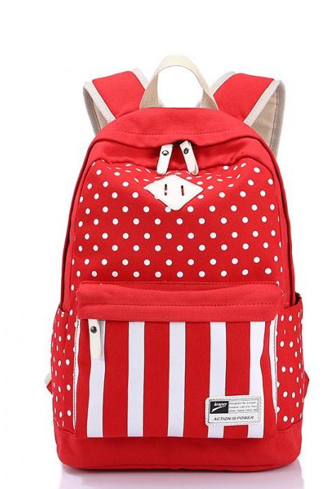 Polka Dot And Strip Print School Backpack Canvas Bag
