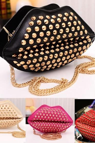 New Fashion Lady Women's Artificial Leather Lip Shape Chain Rivets Shoulder Bag Cross Bags