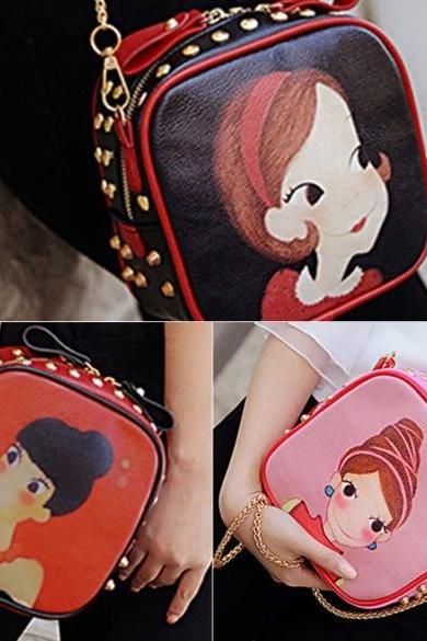 New Fashion Women Synthetic Leather Rivet Decorated Character Pattern Shoulder Bag Messenger Bag Clutch Bag
