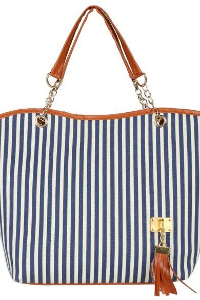Navy and White Stripes Canvas Tote Bag with Leather and Chain Shoulder Straps 