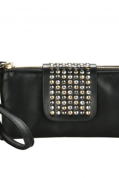 New Korean Style PU Leather Handbag Rivet Lady Clutch Purse Wallet Evening Bag