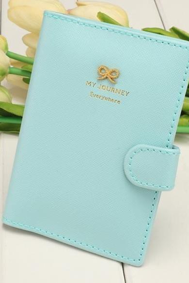 Women Fashion Synthetic Leather Button Candy Color Folded Travel Journey Passport Id Card Holder