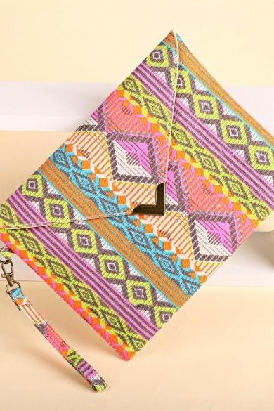 New Women Canvas Envelop Clutch Bag National Style Geometric Casual Party Handbag